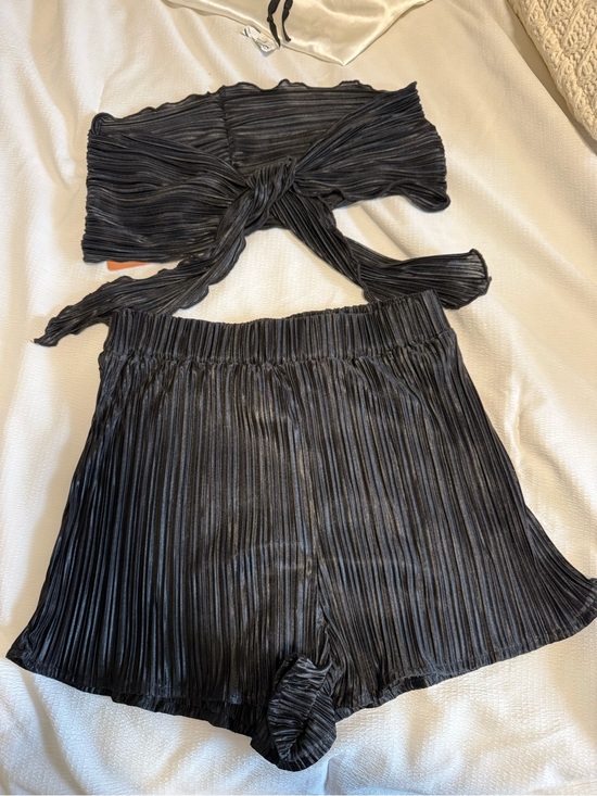 Other - Black Pleated Two-Piece Crop Top and Shorts Set